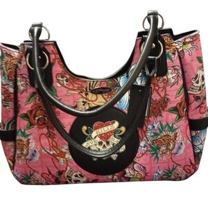Ed Hardy Pink and Black Large Graphic Shoulder Tote, NWT